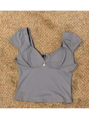 Trendy Queen Gray Blue Open Back Short Sleeve Crop Top Size XS